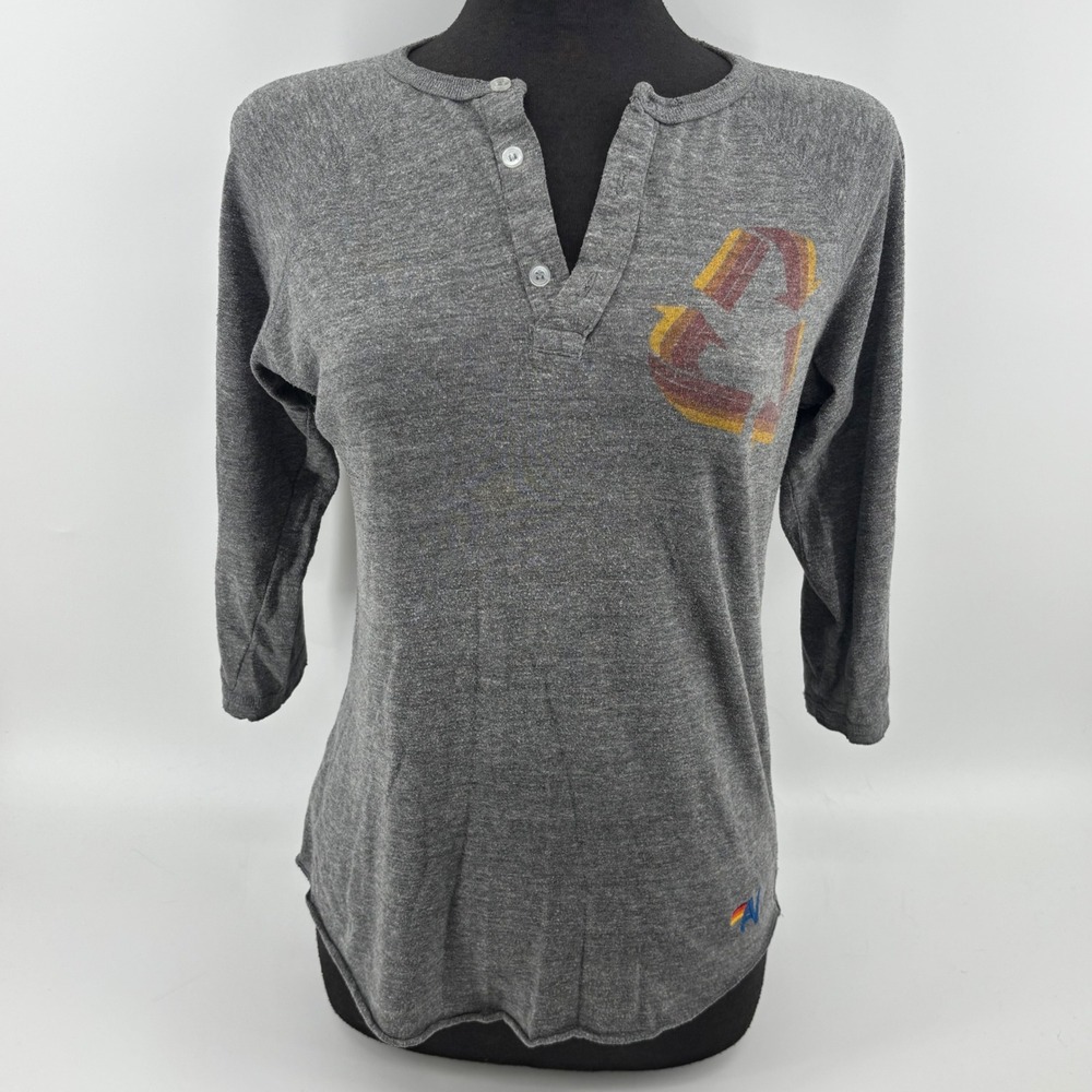 Aviator Nation Womens Gray Recycle Logo 3/4 Sleeve Henley Shirt Size M